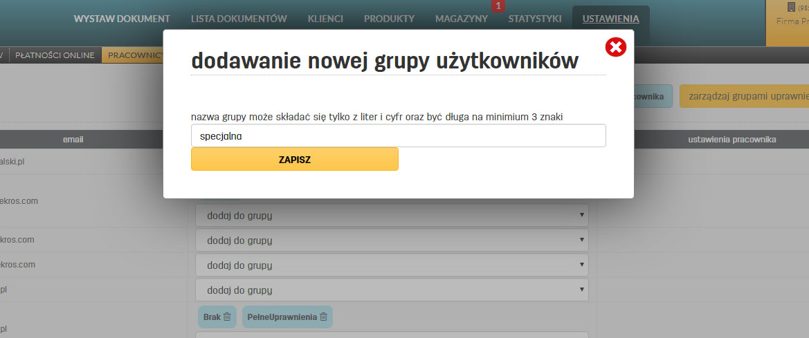 Dodawanie nowej grupy uprawnień dla pracownik&oacute;w