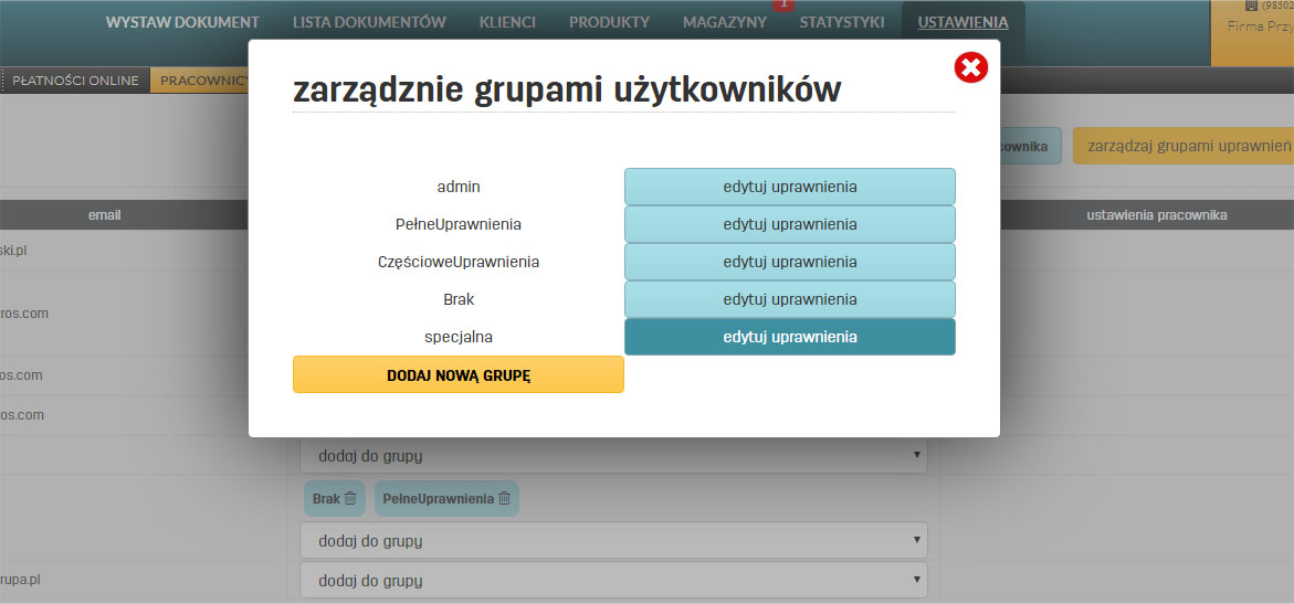 Lista grup uprawnień w serwisie faktury.pl