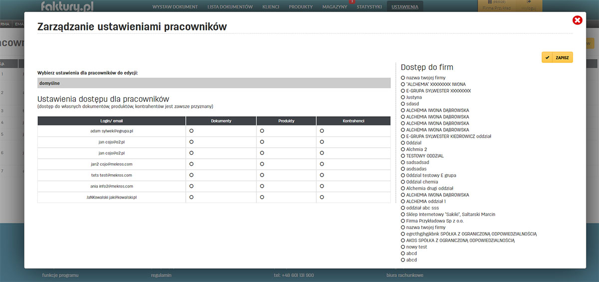 Ustawienia dostępu dla pracownik&oacute;w w faktury.pl