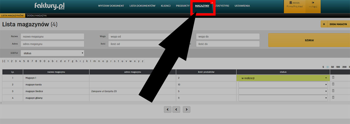 Zakładka magazyny w programie faktury.pl