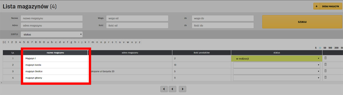 Lista magazynów z produktami