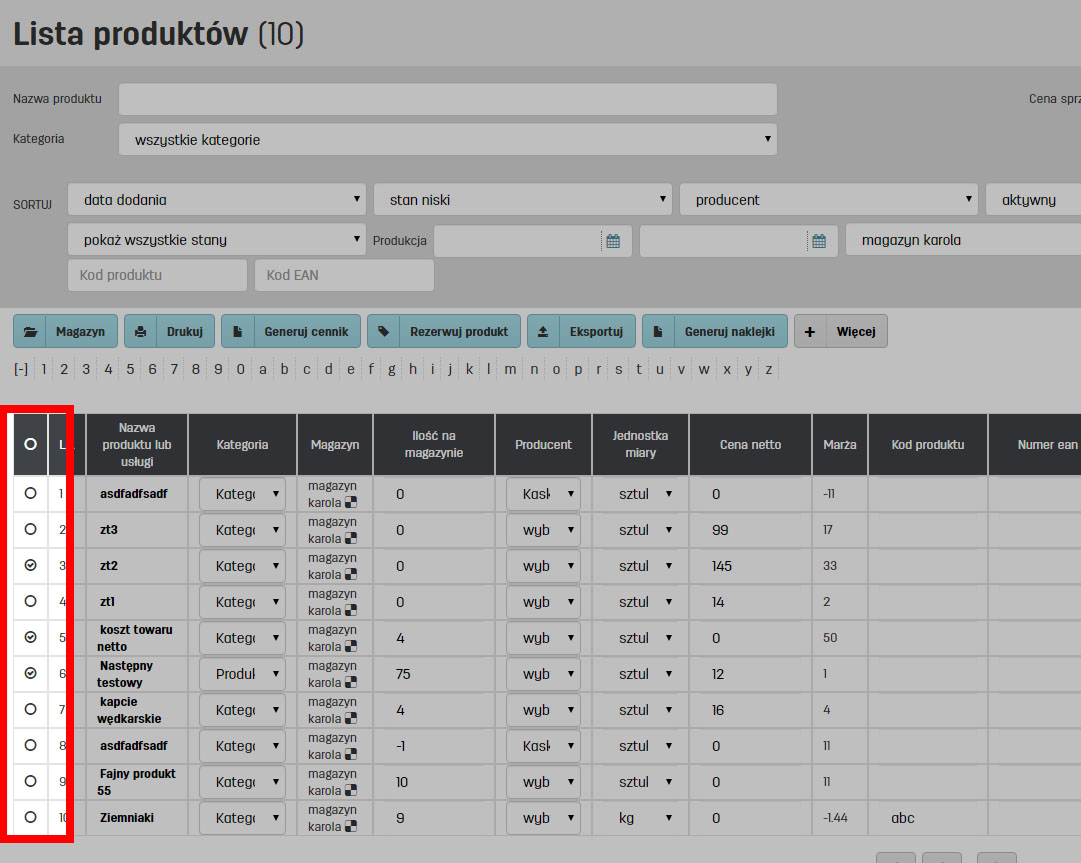 Zaznaczanie magazynów na liście