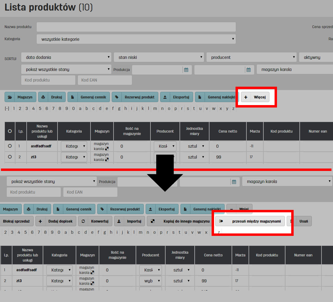 Funkcje na liście produktów w programie do fakturowania faktury.pl