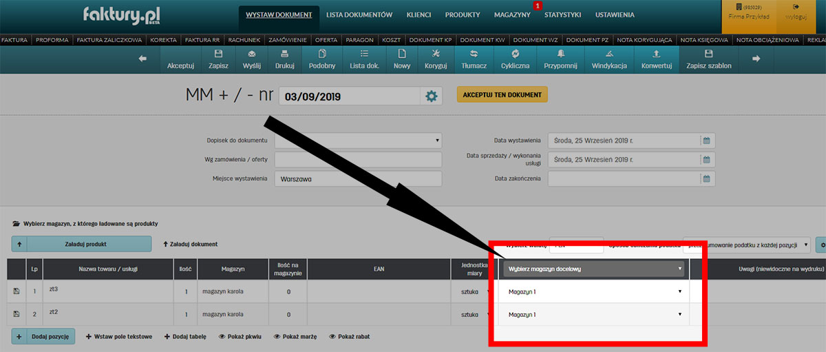 Wybierz magazyn docelowy przesunięcia między magazynowego