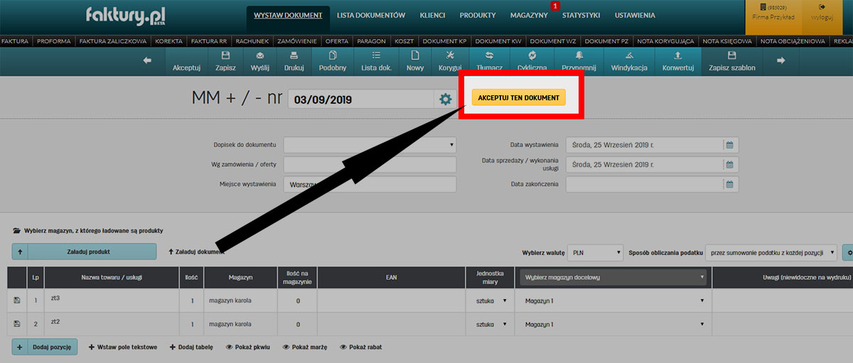 Wystawianie dokumentu MM