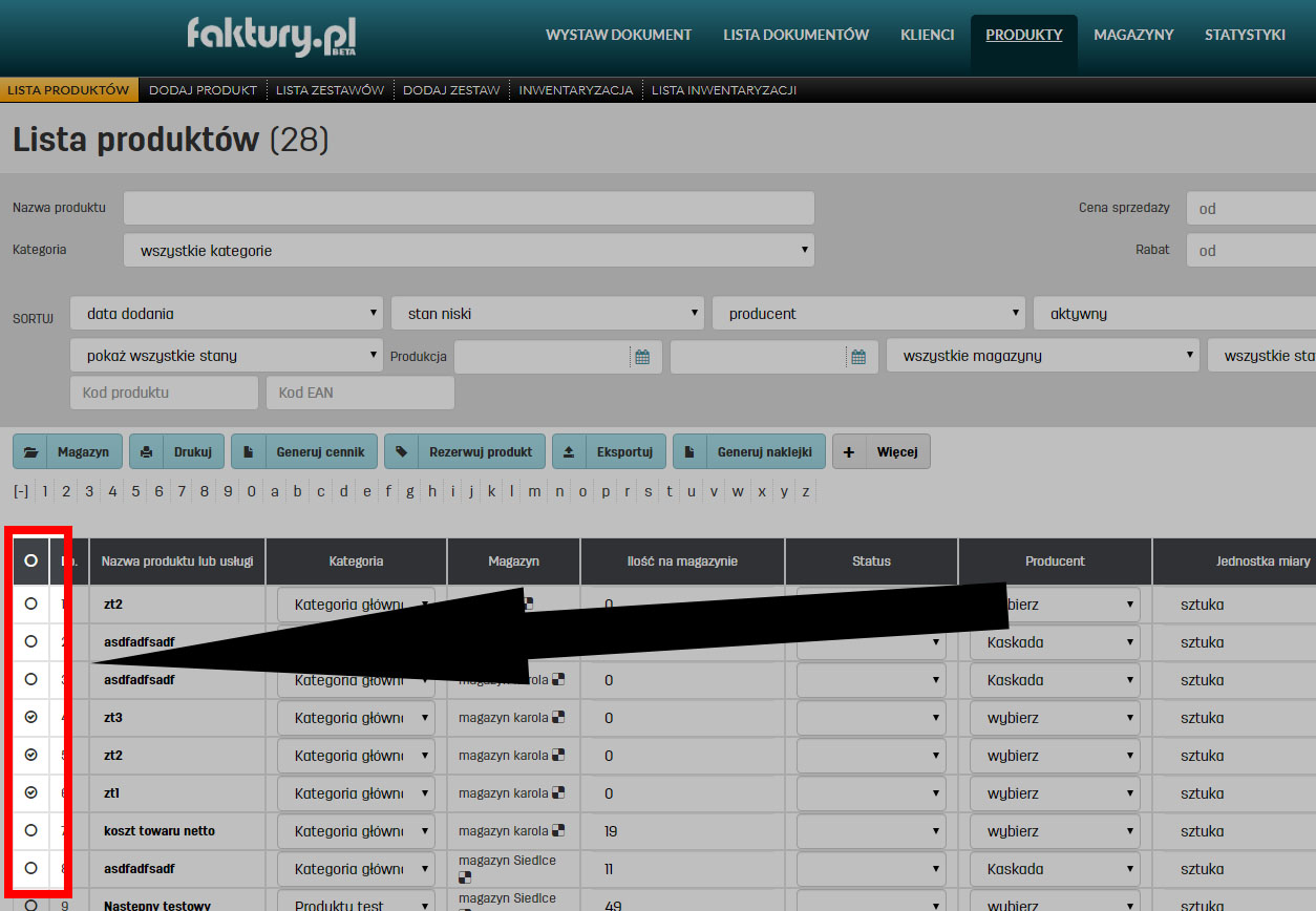 Jak zaznaczyć produkty do przesunięcia między magazynowego