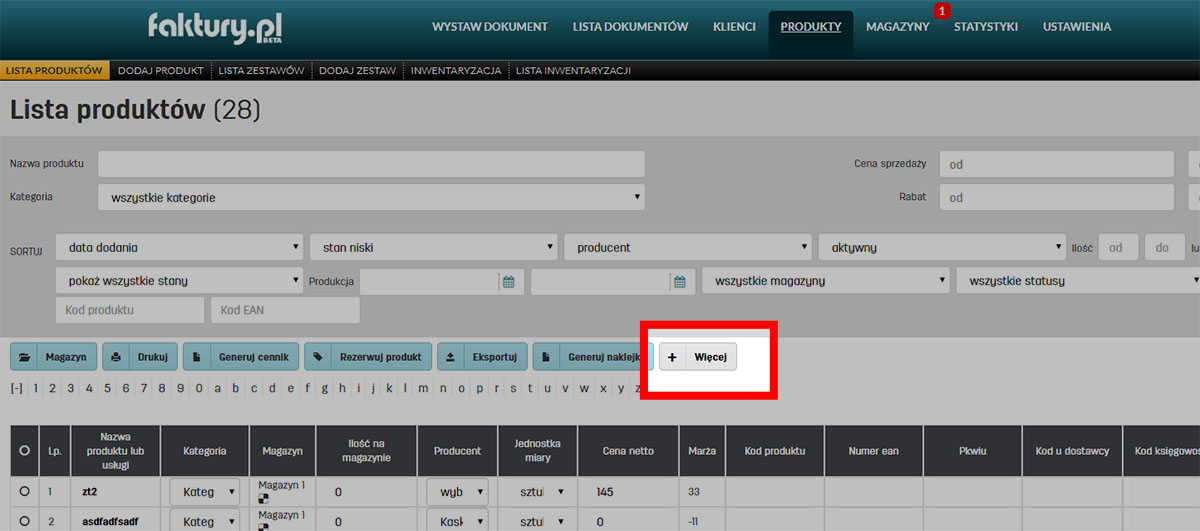 Lista produkt&oacute;w w programie do fakturowania faktury.pl