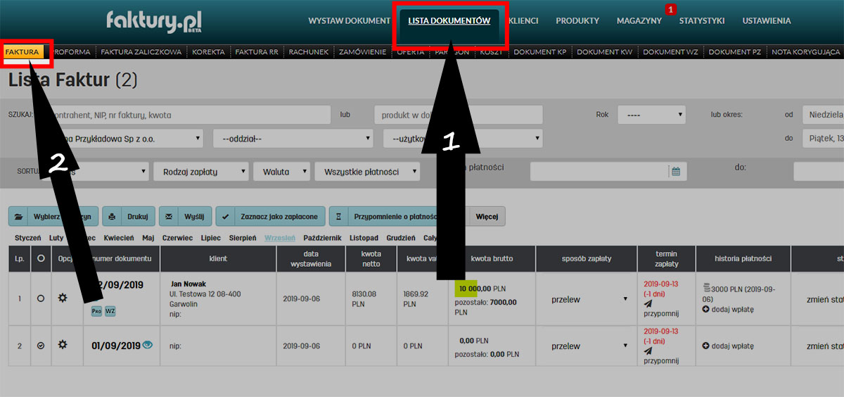 Zakładka z listą faktur Jak przejść do listy faktur