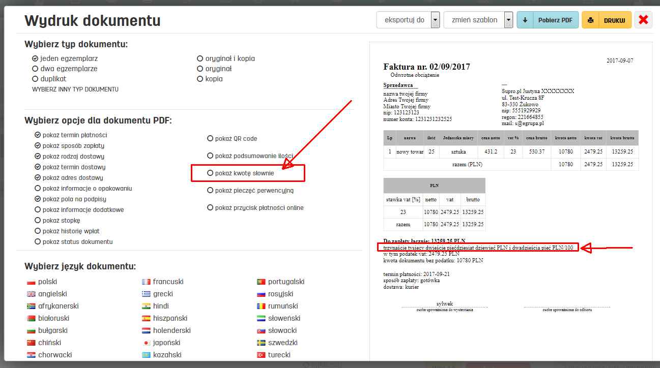 Kwota słownie na fakturze