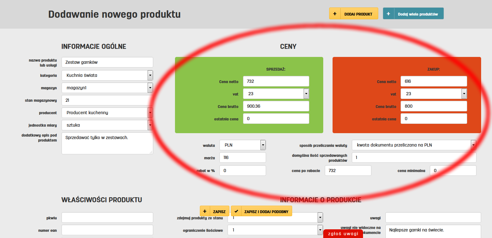 Ceny sprzedaży produktu w programie do faktur online faktury.pl Obliczanie cen produktu na faktury.pl