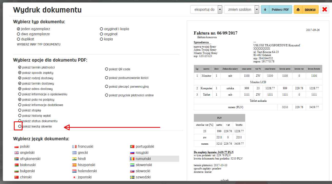 brak kwoty słownie na fakturze