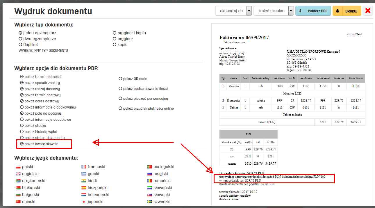Kwota słownie na fakturze