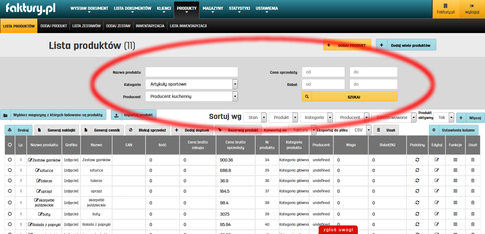 Jak wyszukać produkt na liście produktów Sortowanie produktów na liście produktów w programie faktury.pl