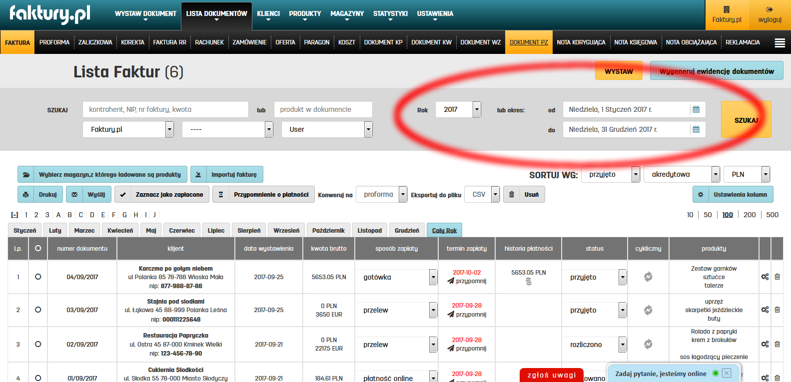 Wyszukiwanie faktur na liście faktur w programie faktury.pl