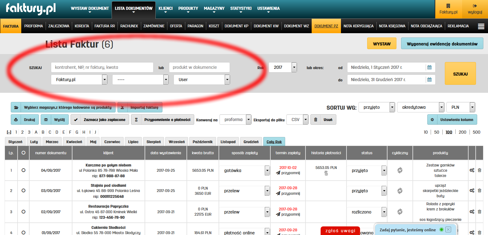 Wyszukiwanie faktury po nazwie kontrahenta w faktury.pl