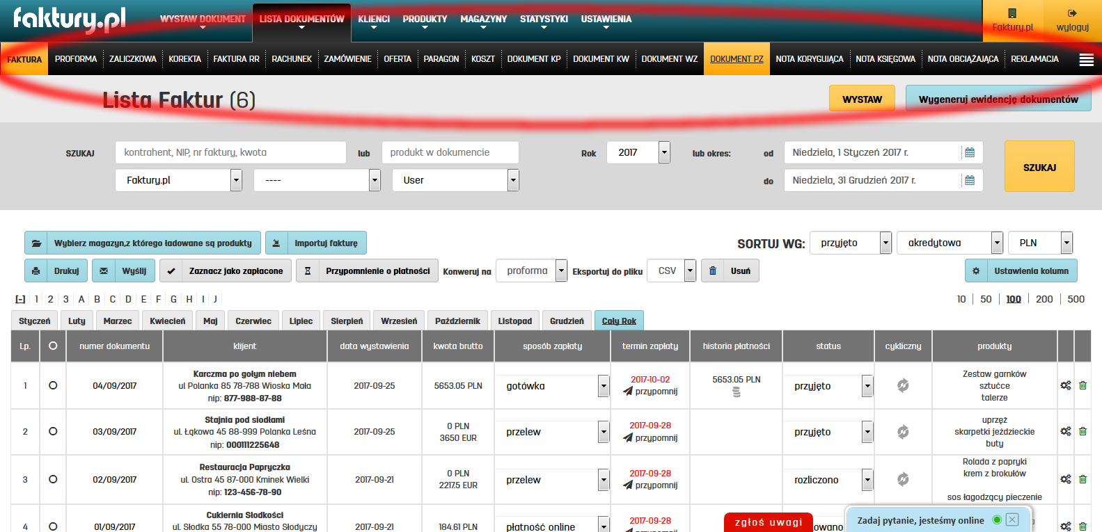 Lista zapisanych dokumentów na faktury.pl