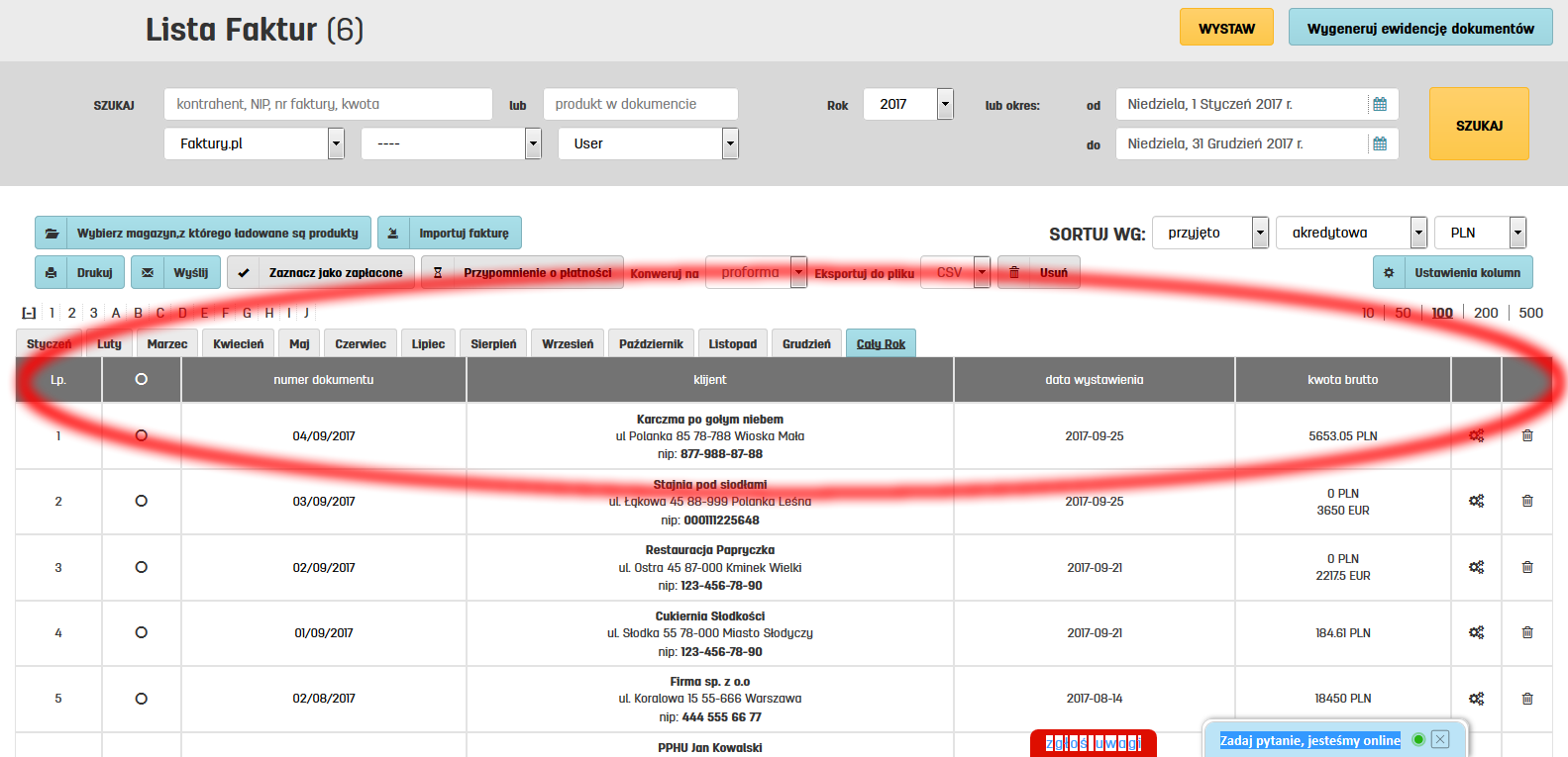 Kolumny na liście dokument&oacute;w w faktury.pl