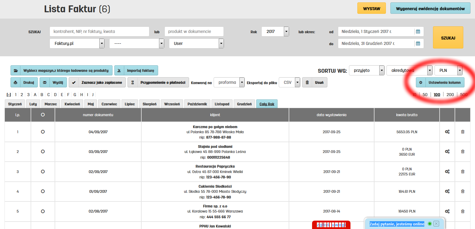 Ustawienia kolumn w oprogramowaniu faktury.pl