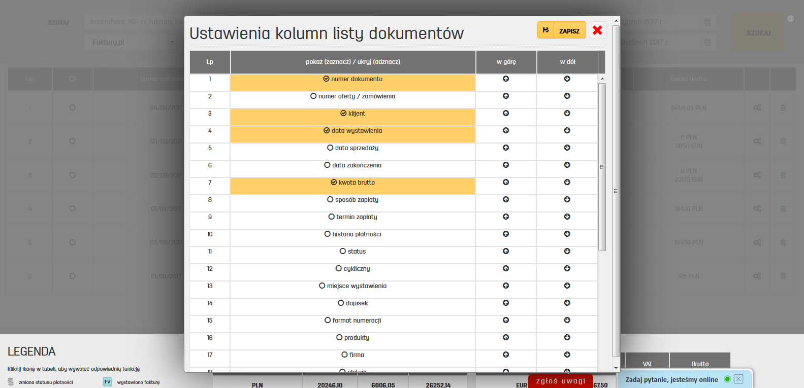Edycja ustawień kolumn na faktury.pl