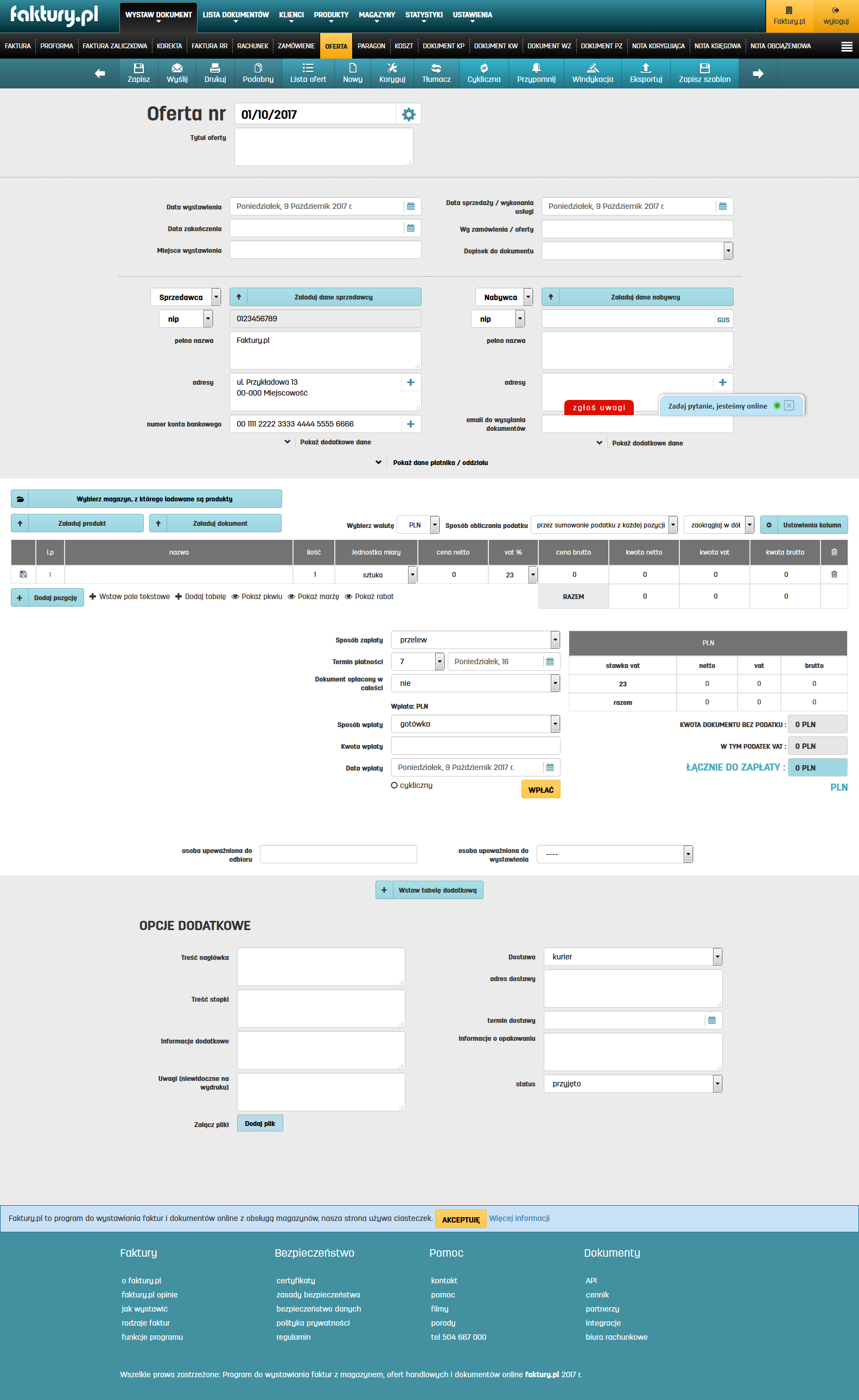 Wystawianie oferty handlowej na faktury.pl