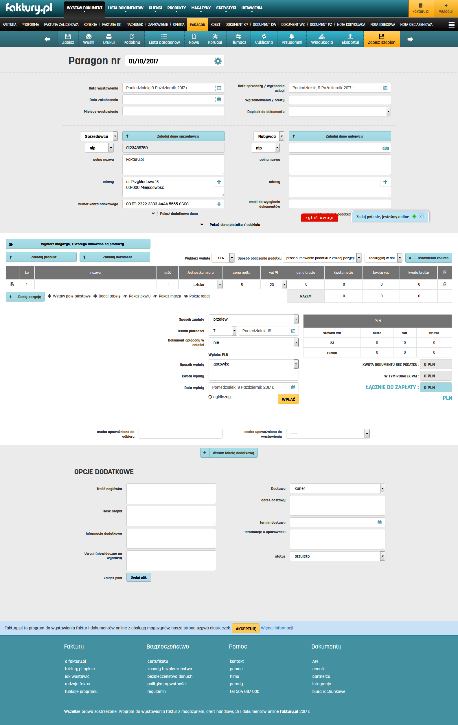 Paragony w programie do faktur online faktury.pl