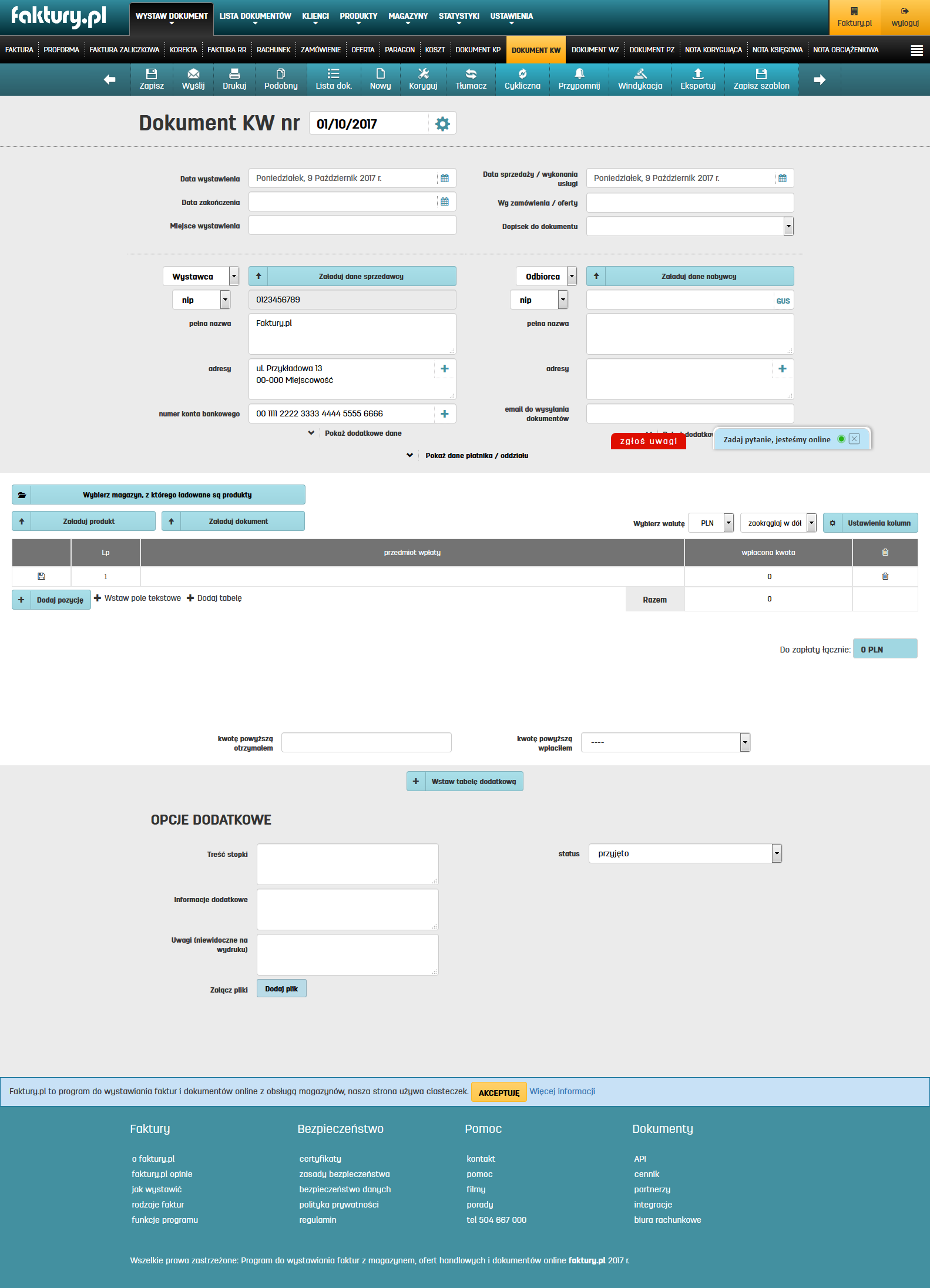 Dokument KW w oprogramowaniu faktury.pl