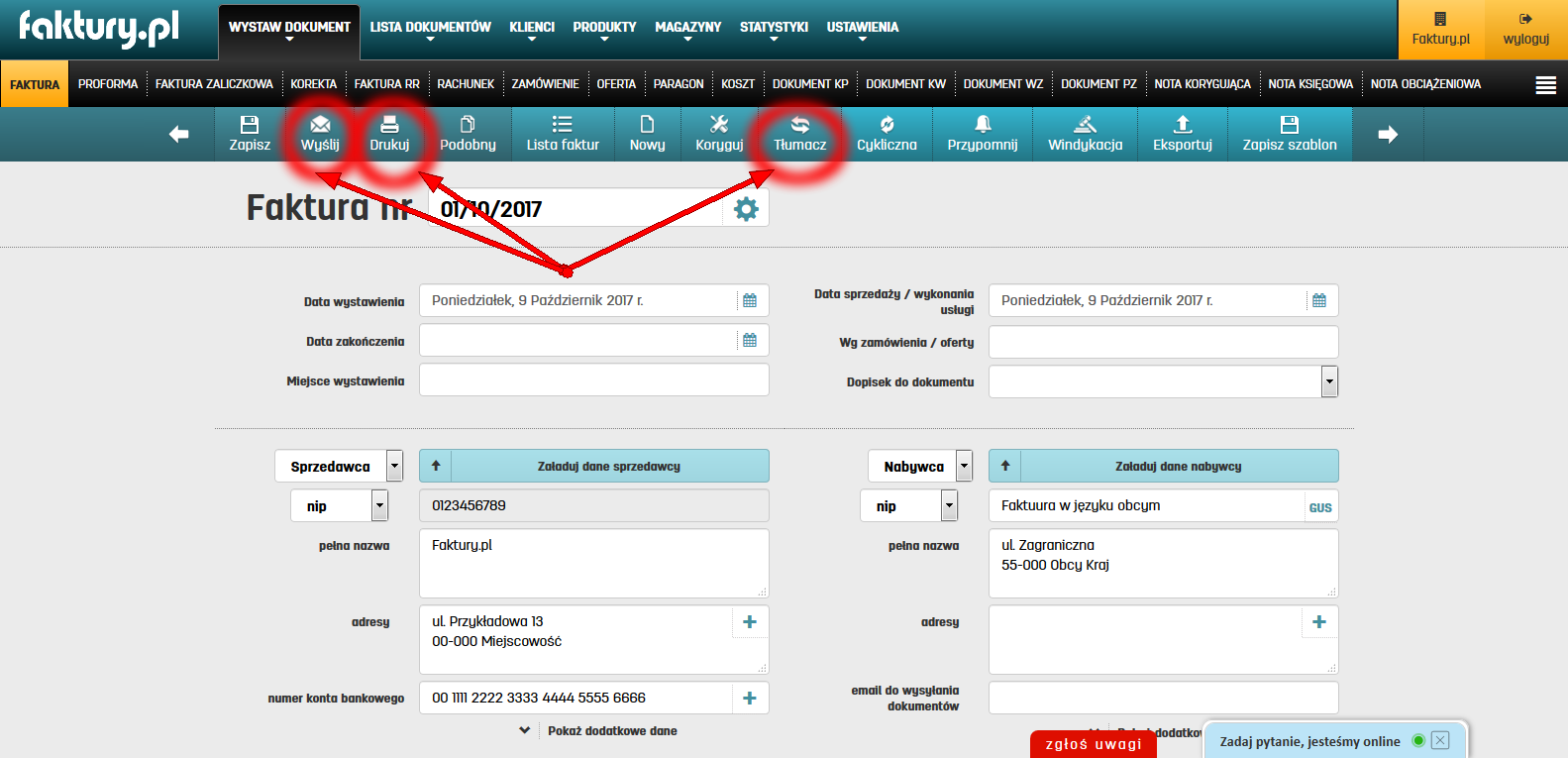 Tłumaczenie faktury na 35 języków w programie do faktur online faktury.pl