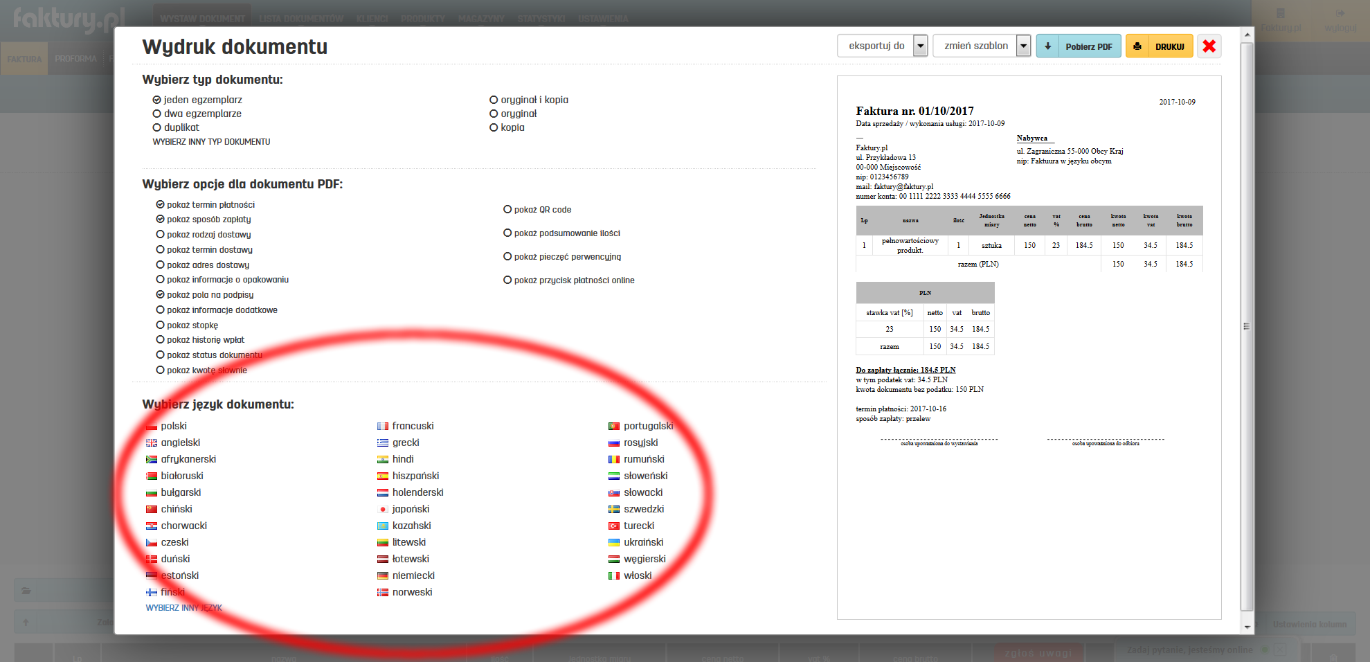 Wydruk faktury obcojęzycznej w serwisie faktury.pl