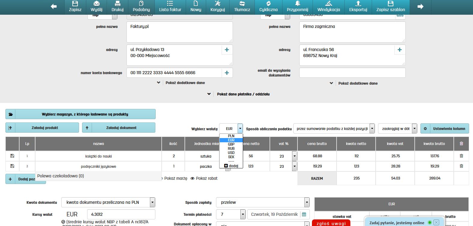 Własna waluta na fakturze w oprogramowaniu faktury.pl