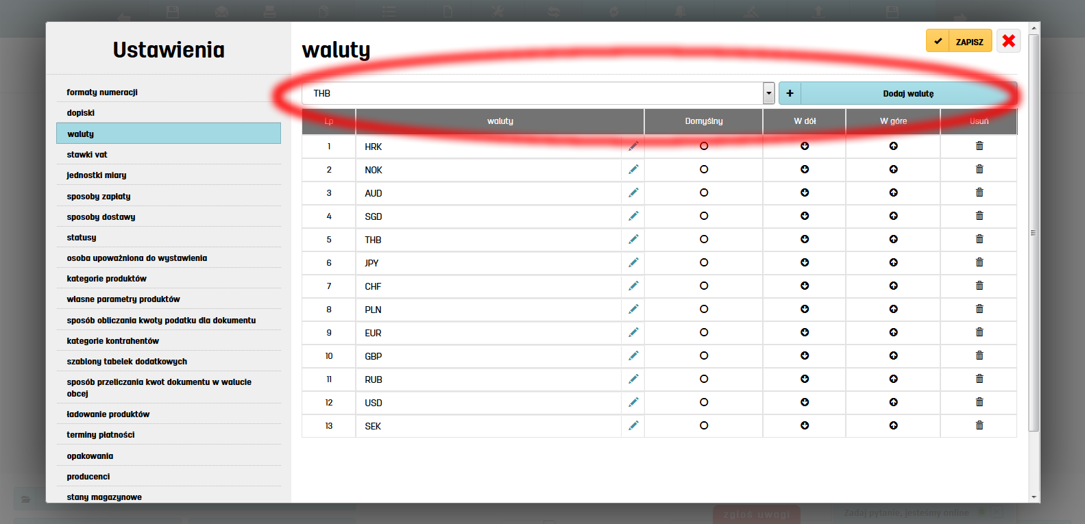 Dodawanie własnej waluty w ustawieniach programu faktury.pl